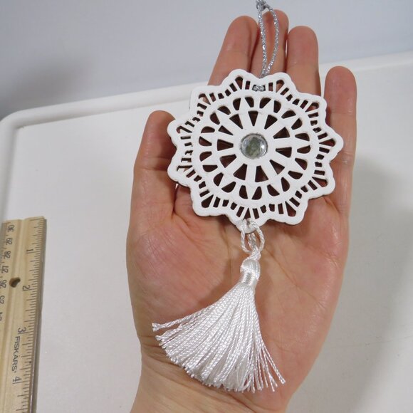 Circle Medallion with Tassel Laser Cut Wooden Ornament with Rhinestones Hangs - Picture 2 of 6